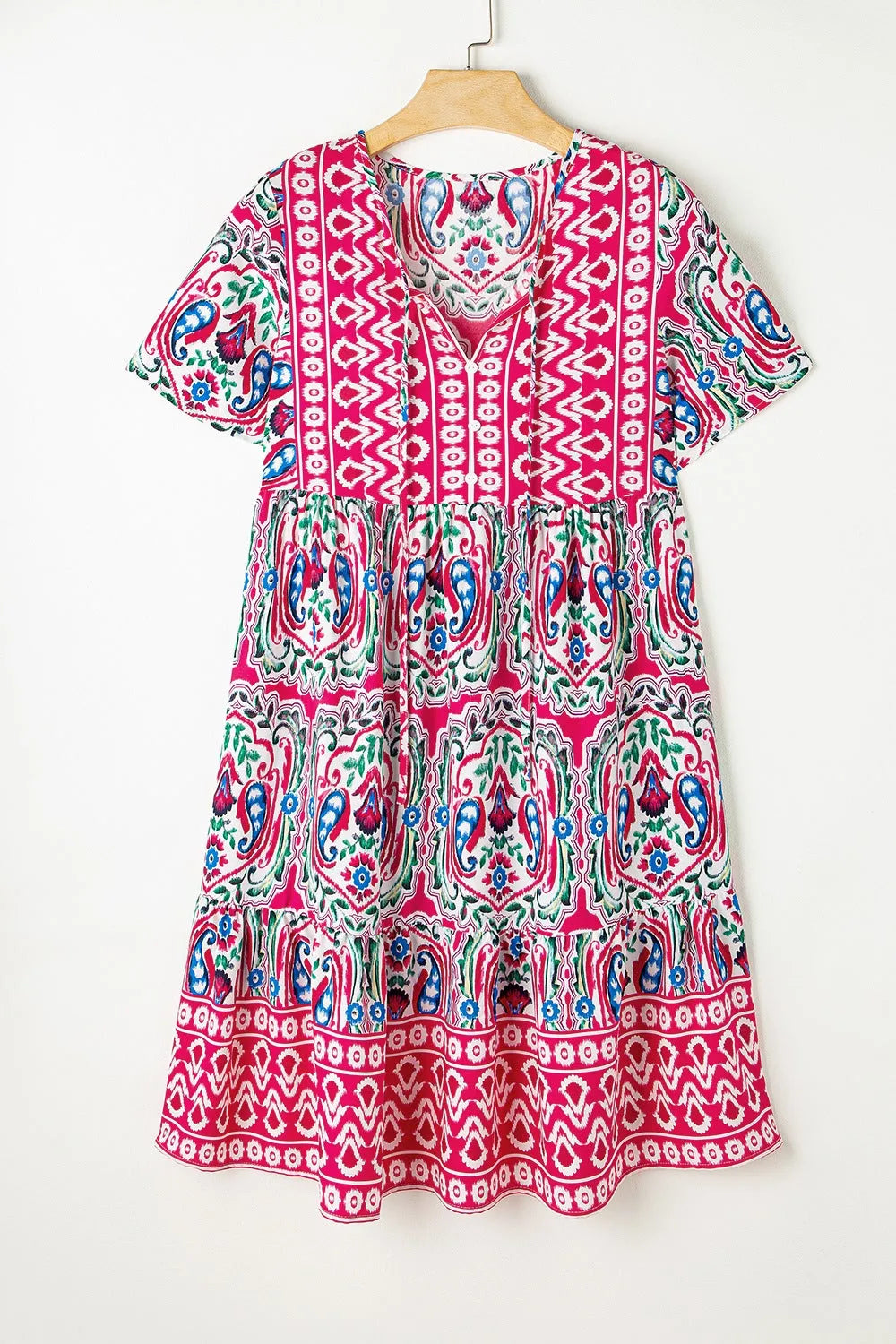 Printed Tie Neck Short Sleeve Dress - Codrington Expressions 