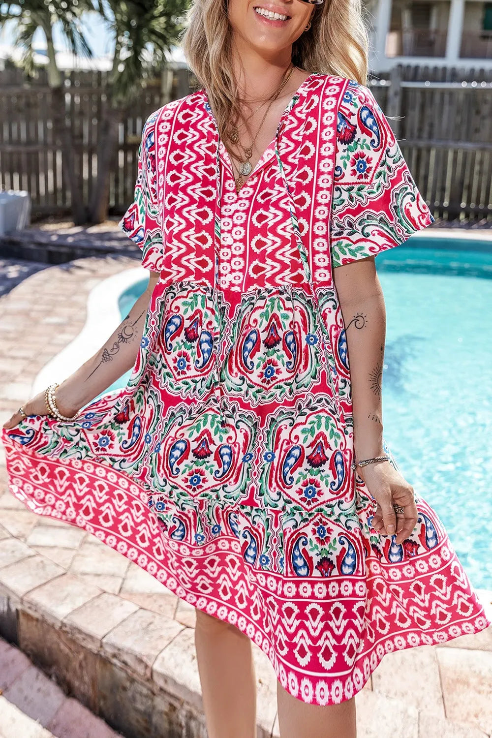 Printed Tie Neck Short Sleeve Dress - Codrington Expressions 