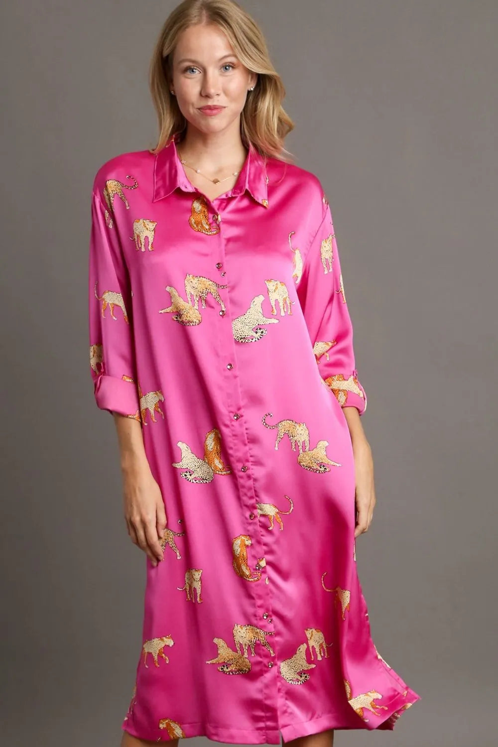 Umgee Full Size Animal Print Button Down Midi Shirt Dress Plus Size - Codrington Expressions 