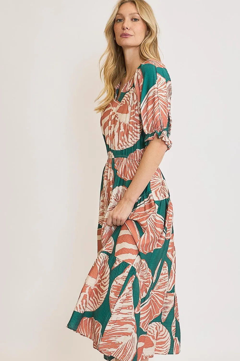 Umgee Full Size Printed Notched Puff Sleeve Midi Dress Plus Size - Codrington Expressions 
