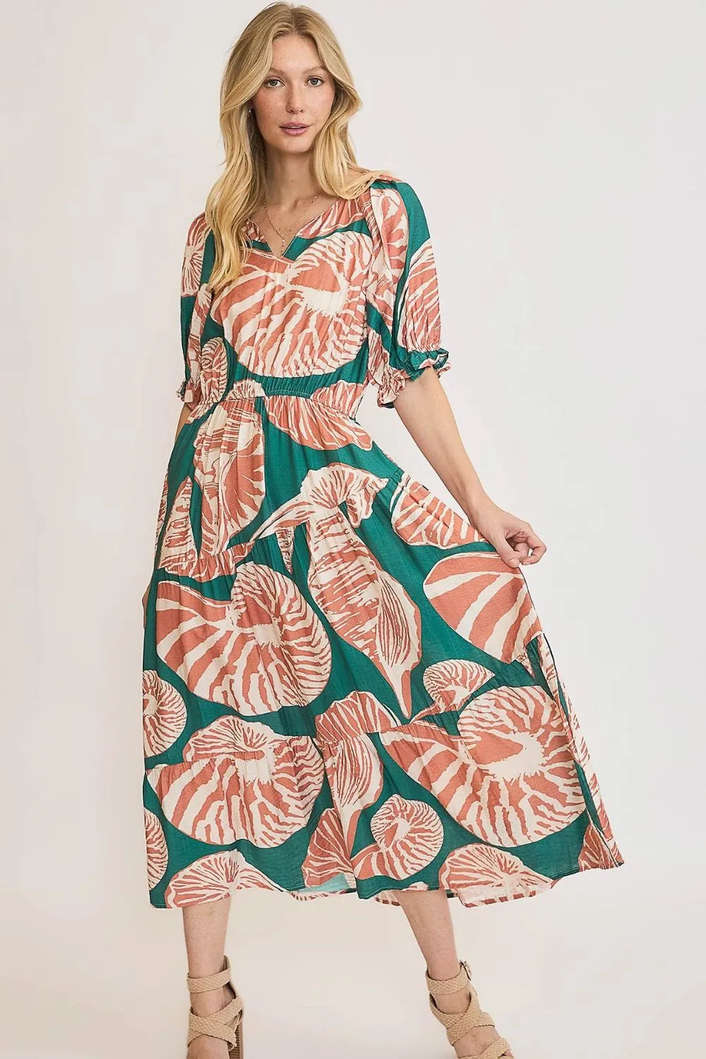 Umgee Full Size Printed Notched Puff Sleeve Midi Dress Plus Size - Codrington Expressions 