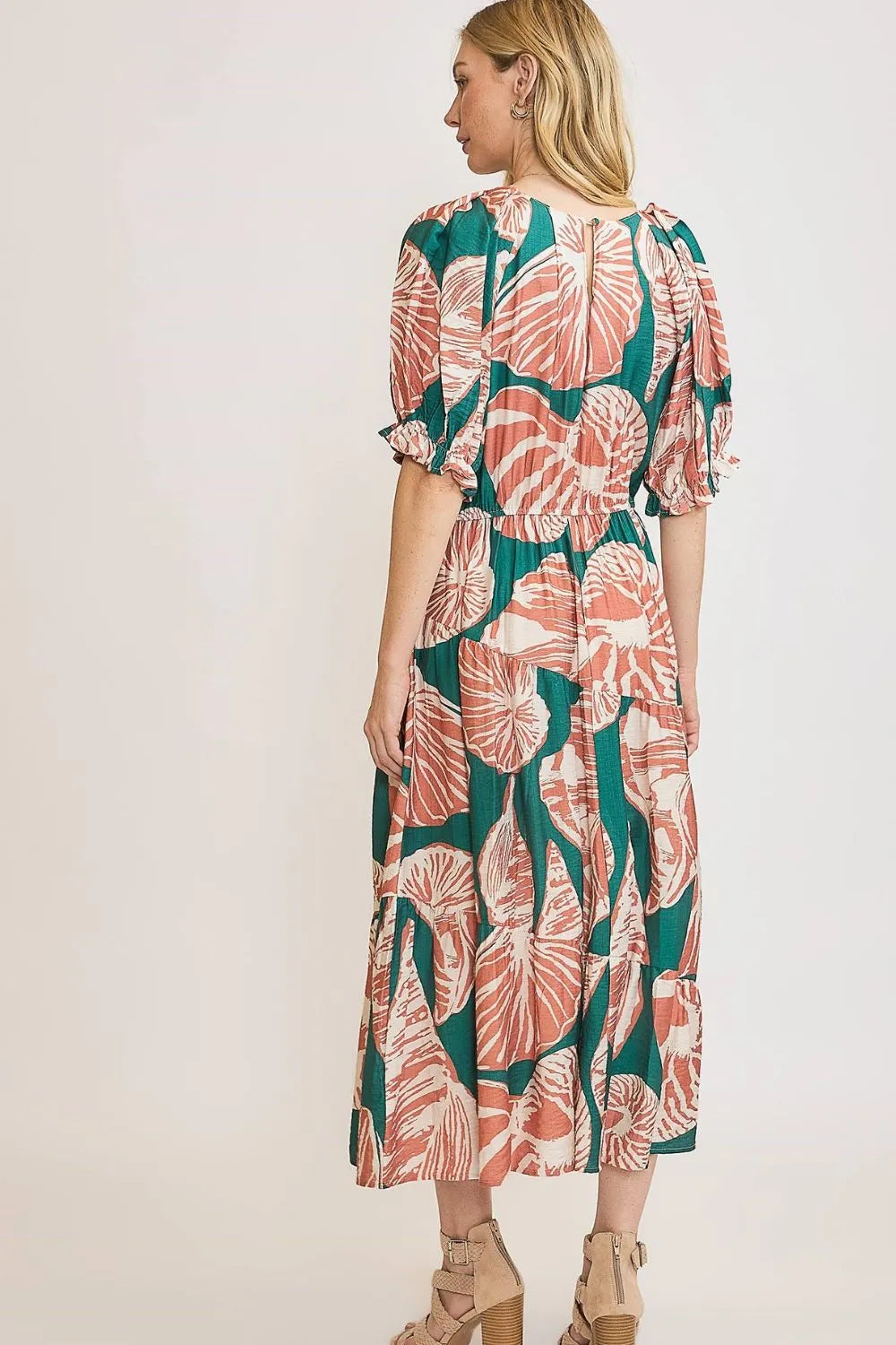 Umgee Full Size Printed Notched Puff Sleeve Midi Dress Plus Size - Codrington Expressions 