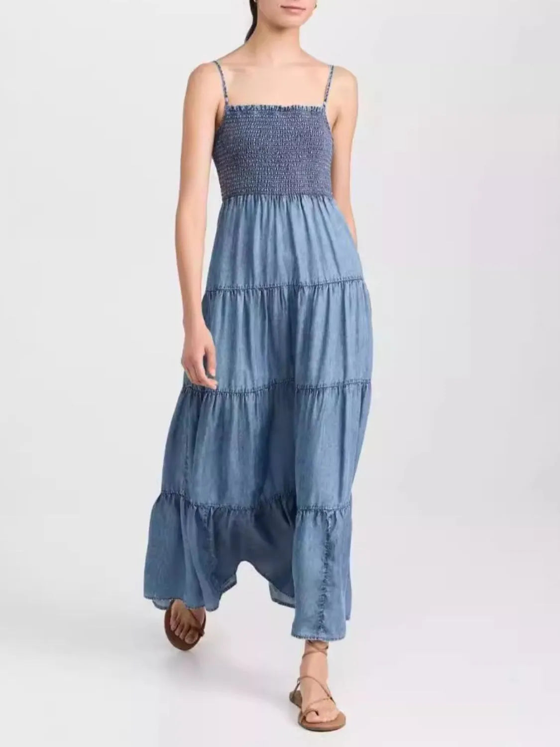 Smocked Square Neck Tiered Denim Cami Dress - Codrington Expressions 