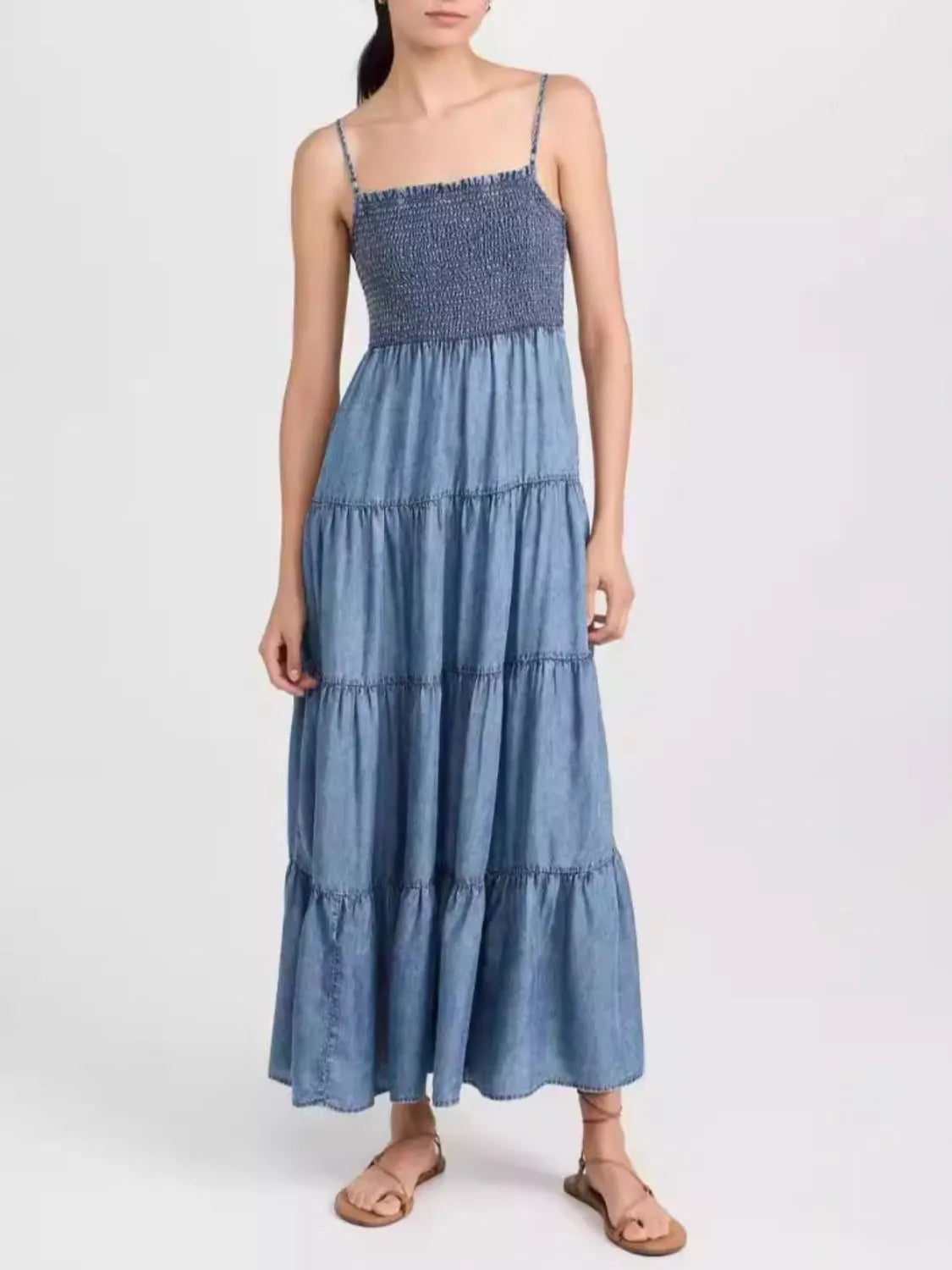 Smocked Square Neck Tiered Denim Cami Dress - Codrington Expressions 