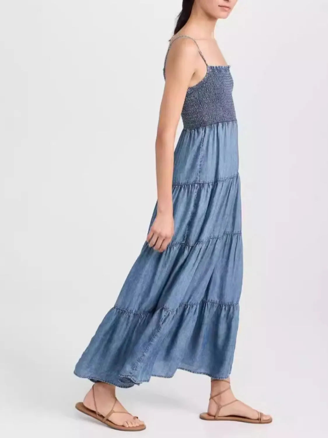 Smocked Square Neck Tiered Denim Cami Dress - Codrington Expressions 