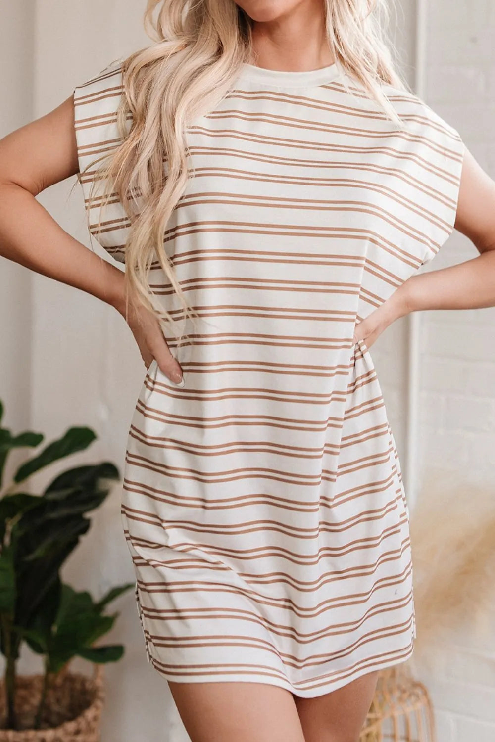 Stripe Round Neck Sleeveless Pocketed Mini Dress - Codrington Expressions 