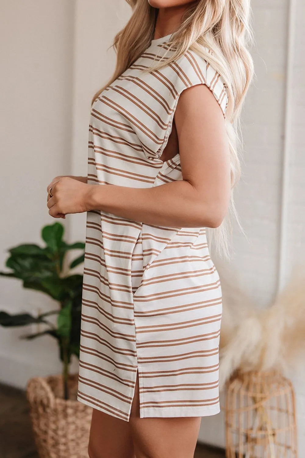 Stripe Round Neck Sleeveless Pocketed Mini Dress - Codrington Expressions 