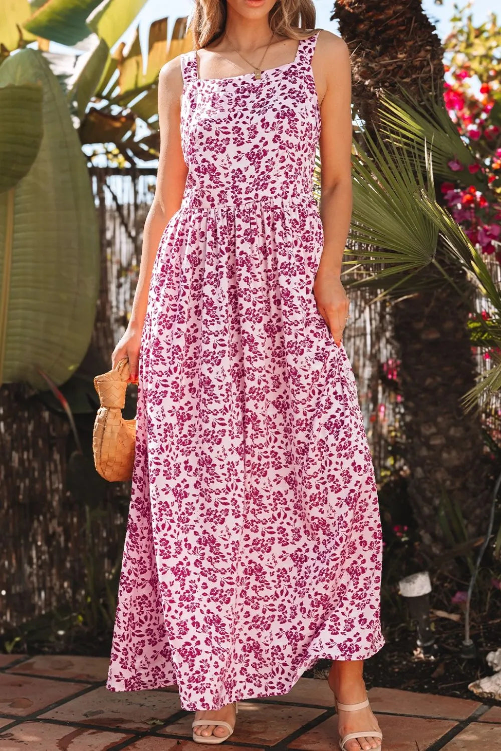 Floral Cutout Back Square Neck Maxi Dress - Codrington Expressions 