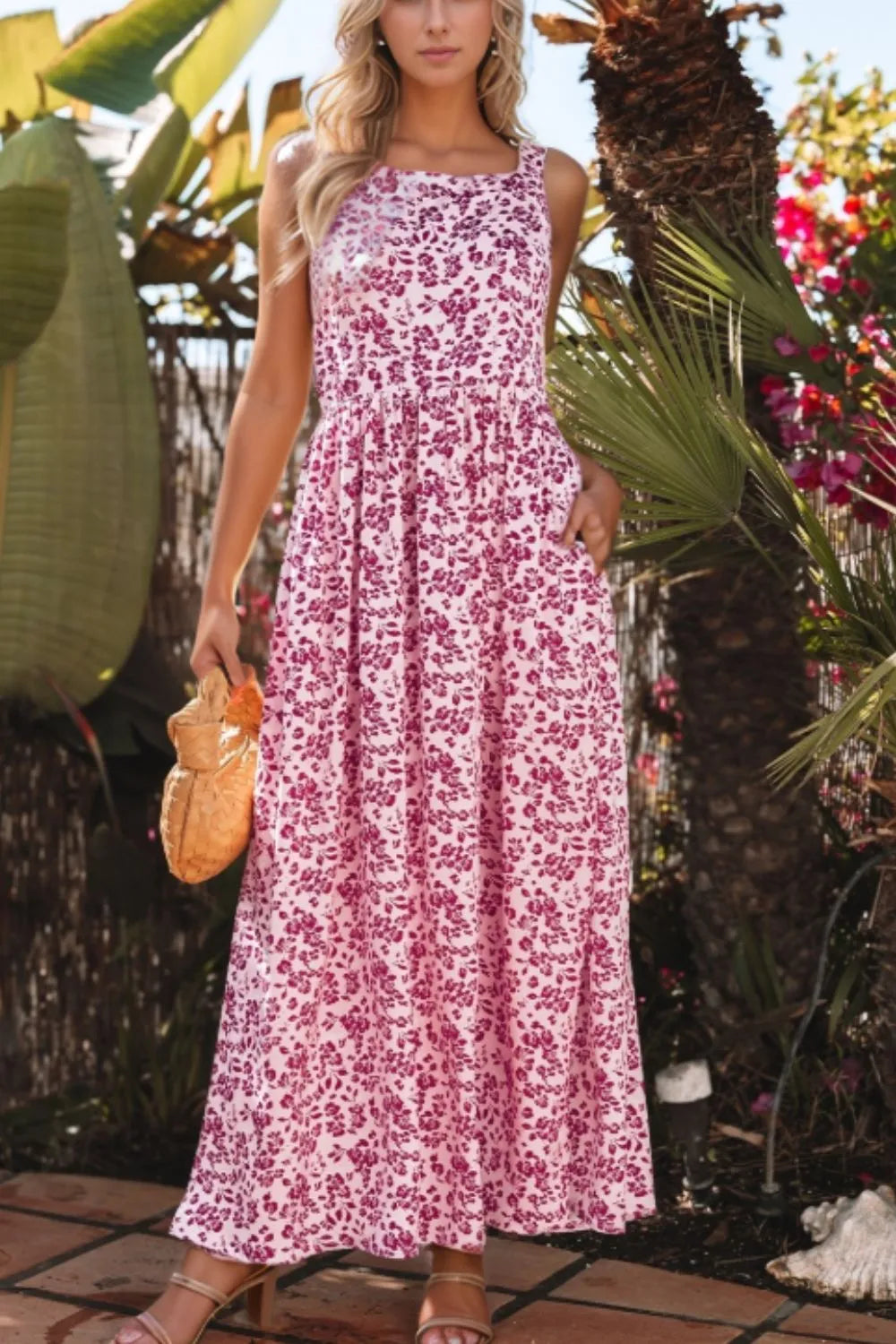 Floral Cutout Back Square Neck Maxi Dress - Codrington Expressions 