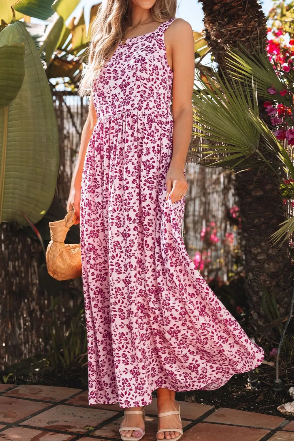 Floral Cutout Back Square Neck Maxi Dress - Codrington Expressions 