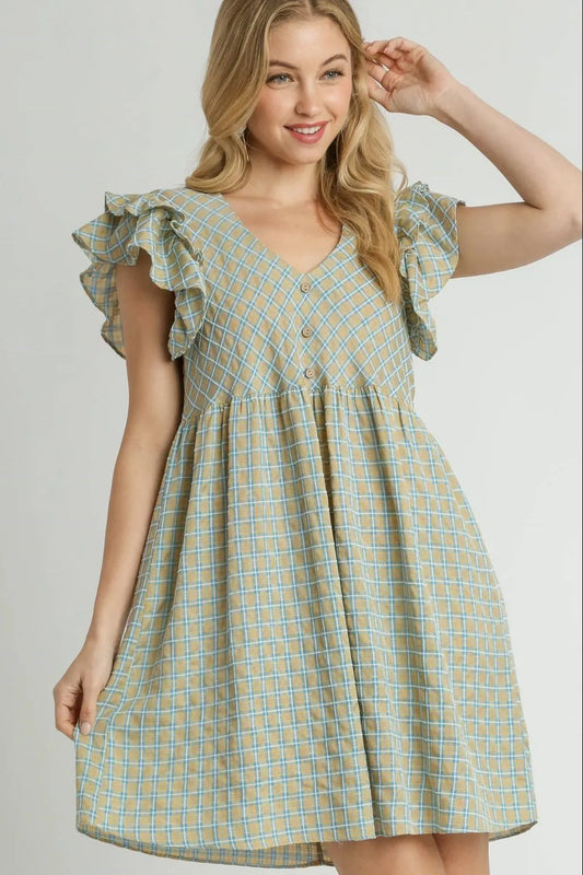 Umgee Full Size Plaid V-Neck Ruffle Cap Sleeve Dress Plus Size - Codrington Expressions 