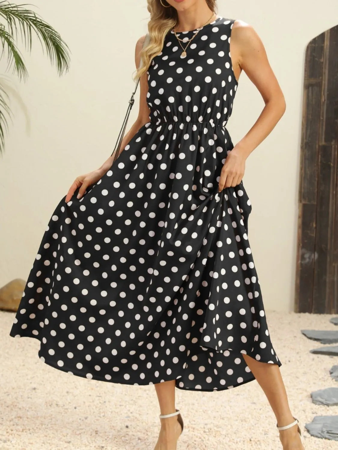 Polka Dot Round Neck Sleeveless Midi Dress - Codrington Expressions 