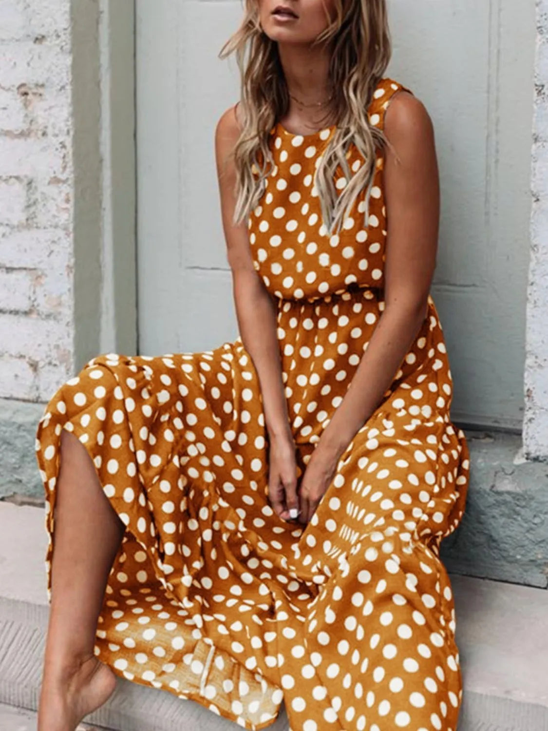 Polka Dot Round Neck Sleeveless Midi Dress - Codrington Expressions 