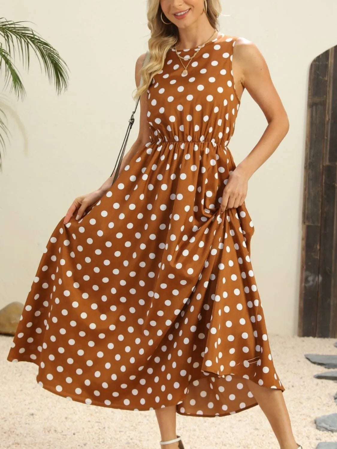 Polka Dot Round Neck Sleeveless Midi Dress - Codrington Expressions 