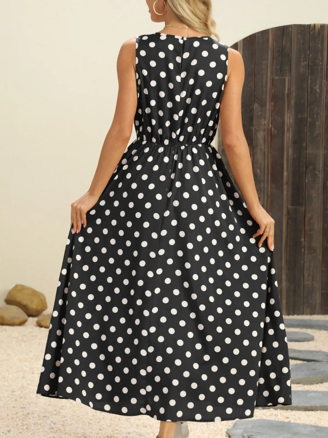 Polka Dot Round Neck Sleeveless Midi Dress - Codrington Expressions 