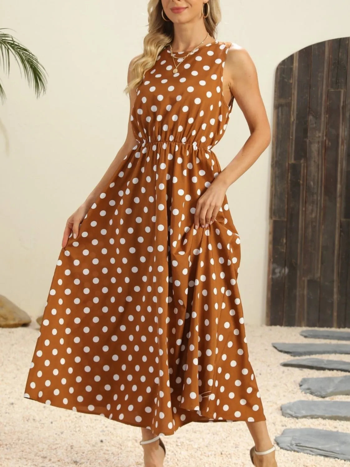 Polka Dot Round Neck Sleeveless Midi Dress - Codrington Expressions 