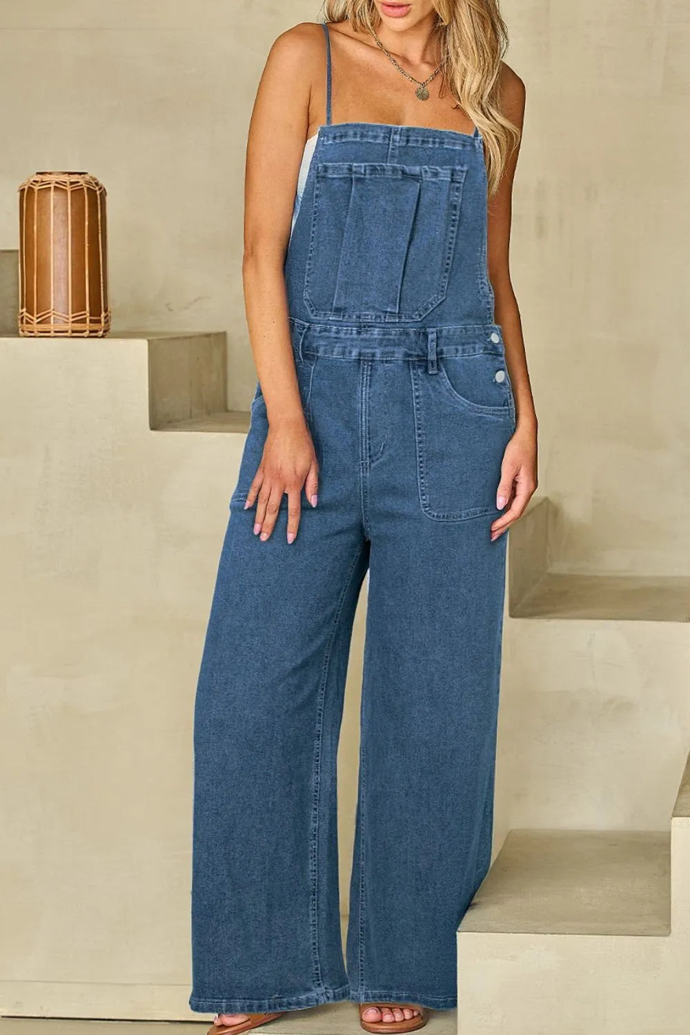 Adjustable Tie Straps Wide Leg Denim Overalls - Codrington Expressions 