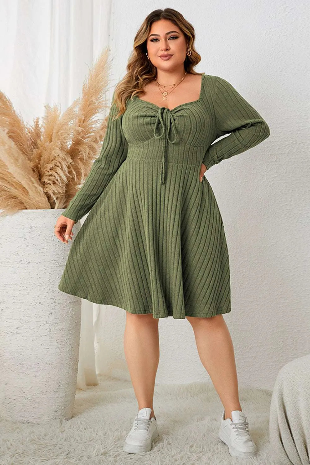 Honey Plus Size Sweetheart Neck Long Sleeve Ribbed Dress - Codrington Expressions 