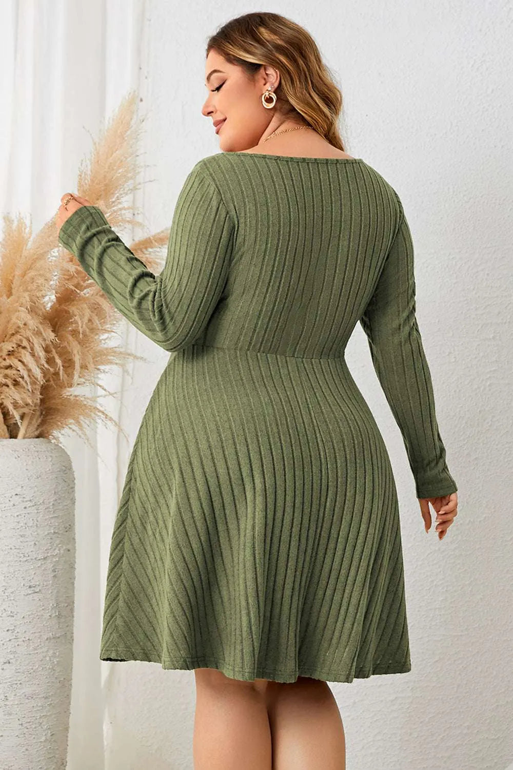 Honey Plus Size Sweetheart Neck Long Sleeve Ribbed Dress - Codrington Expressions 
