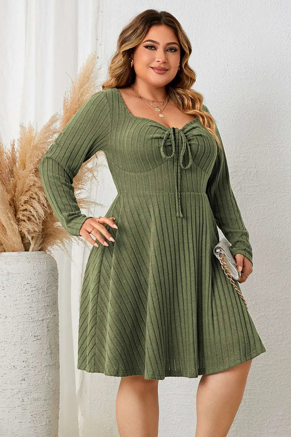 Honey Plus Size Sweetheart Neck Long Sleeve Ribbed Dress - Codrington Expressions 