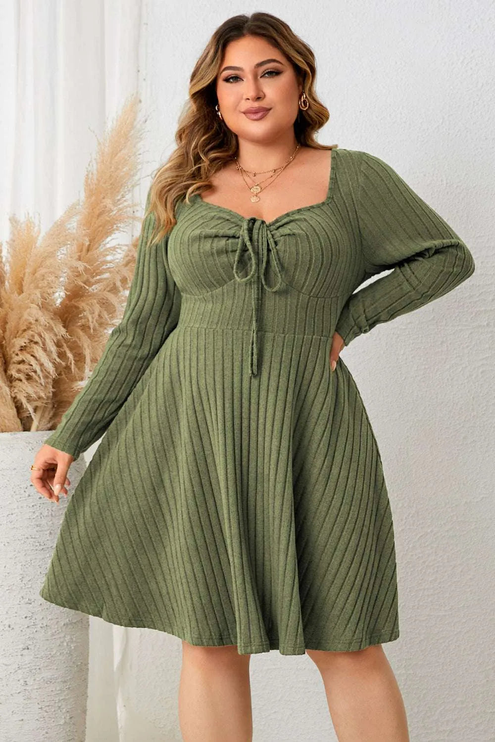 Honey Plus Size Sweetheart Neck Long Sleeve Ribbed Dress - Codrington Expressions 