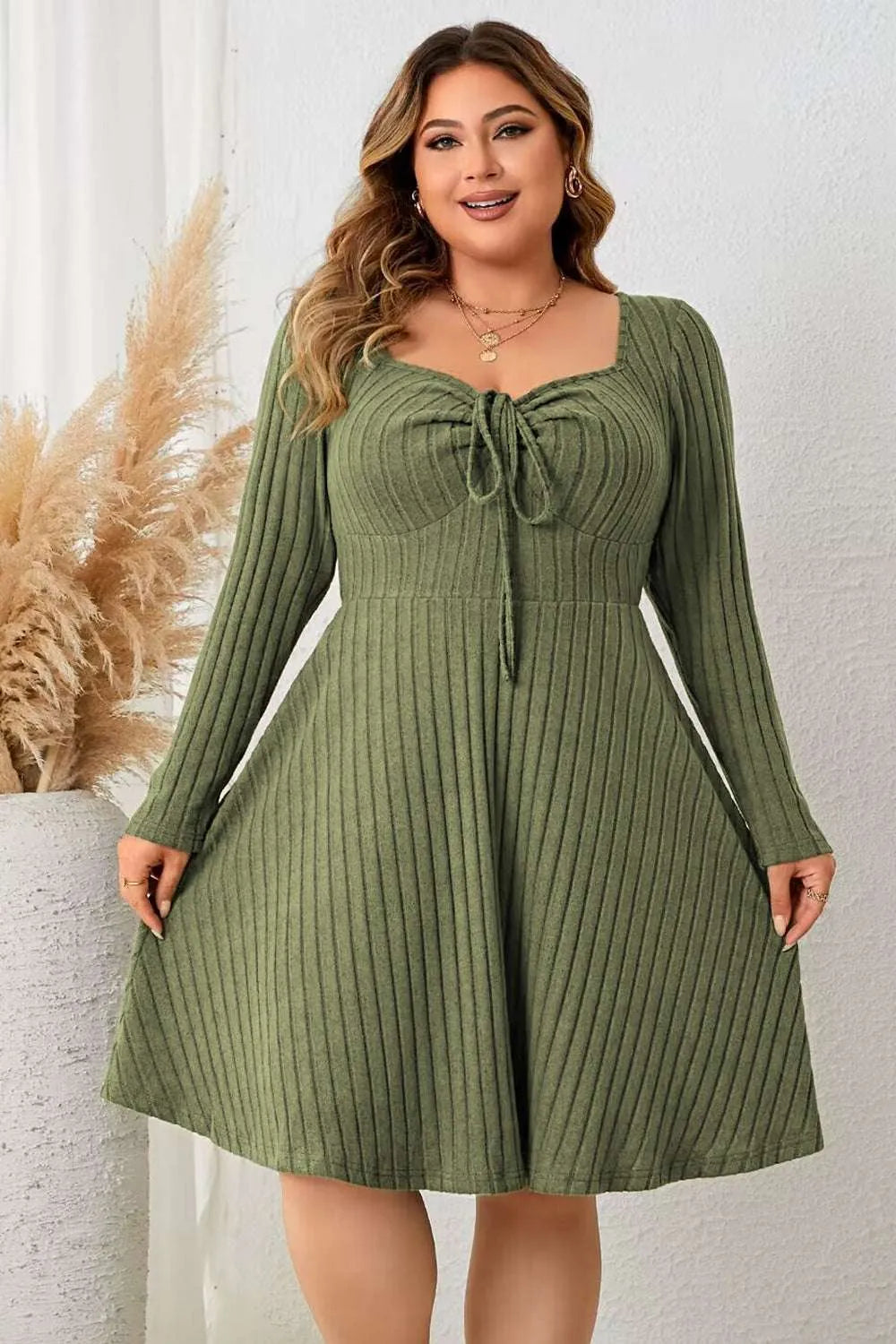 Honey Plus Size Sweetheart Neck Long Sleeve Ribbed Dress - Codrington Expressions 