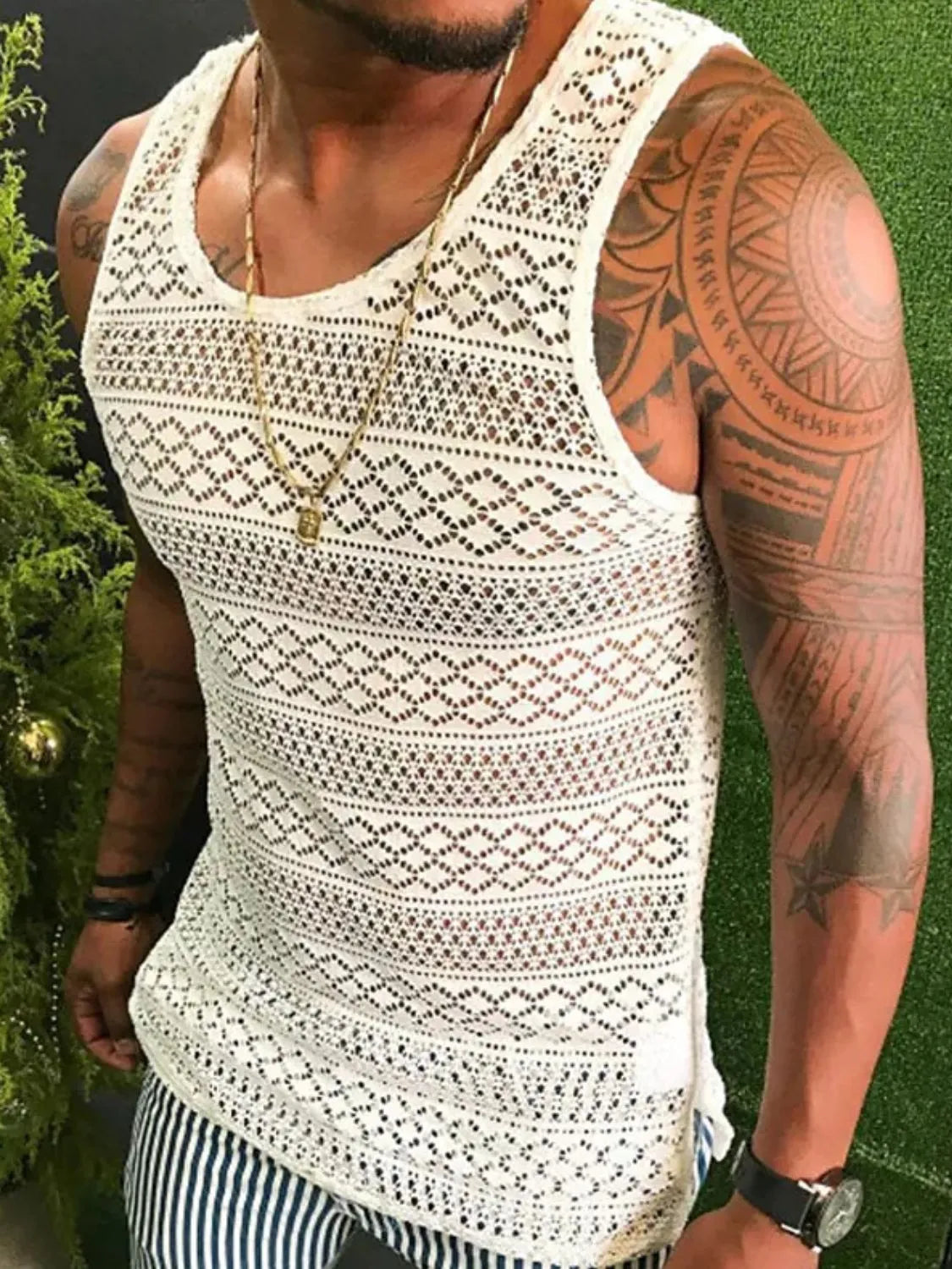Men's Full Size Openwork Round Neck Tank Plus Size - Codrington Expressions 