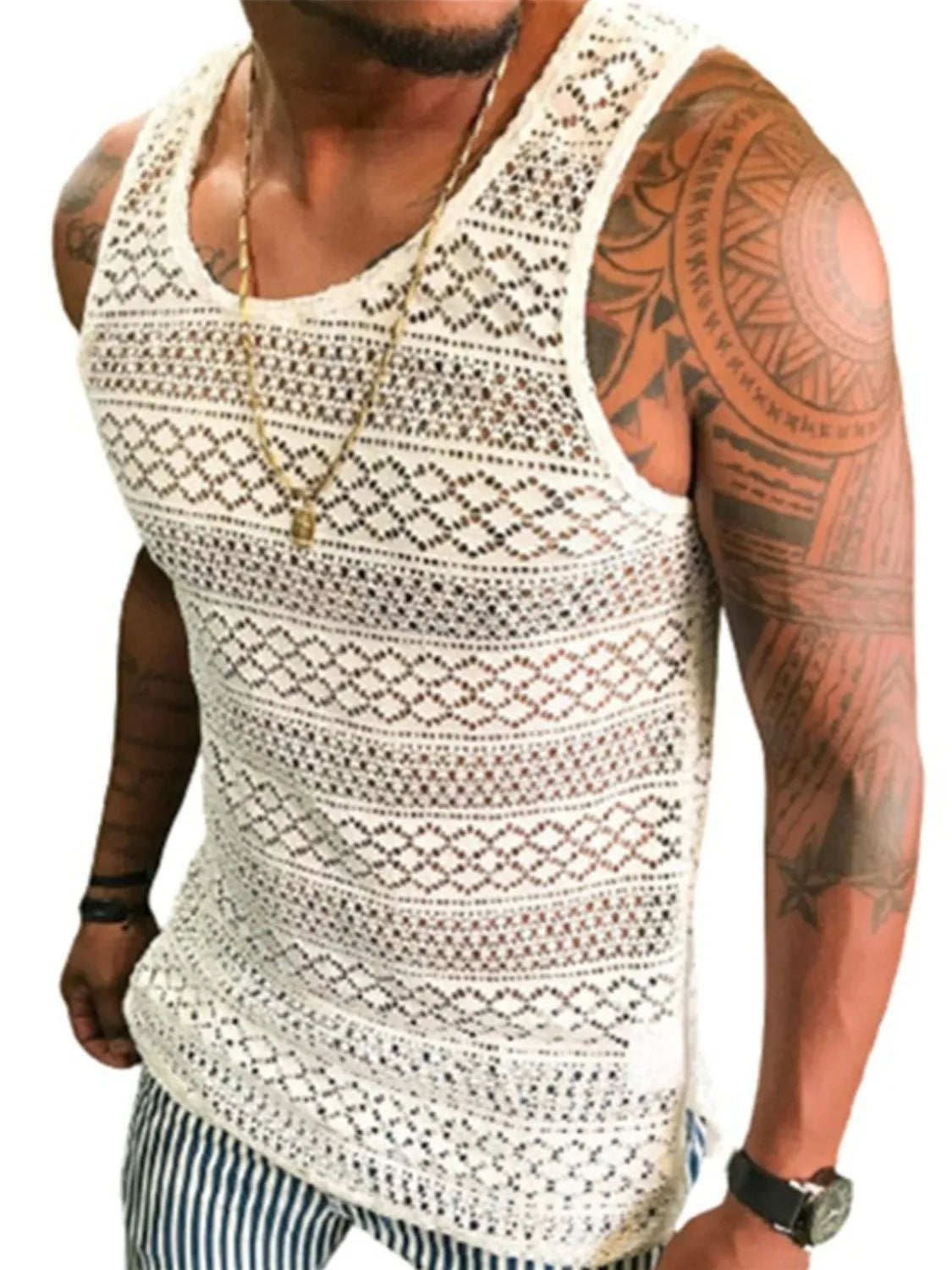 Men's Full Size Openwork Round Neck Tank Plus Size - Codrington Expressions 