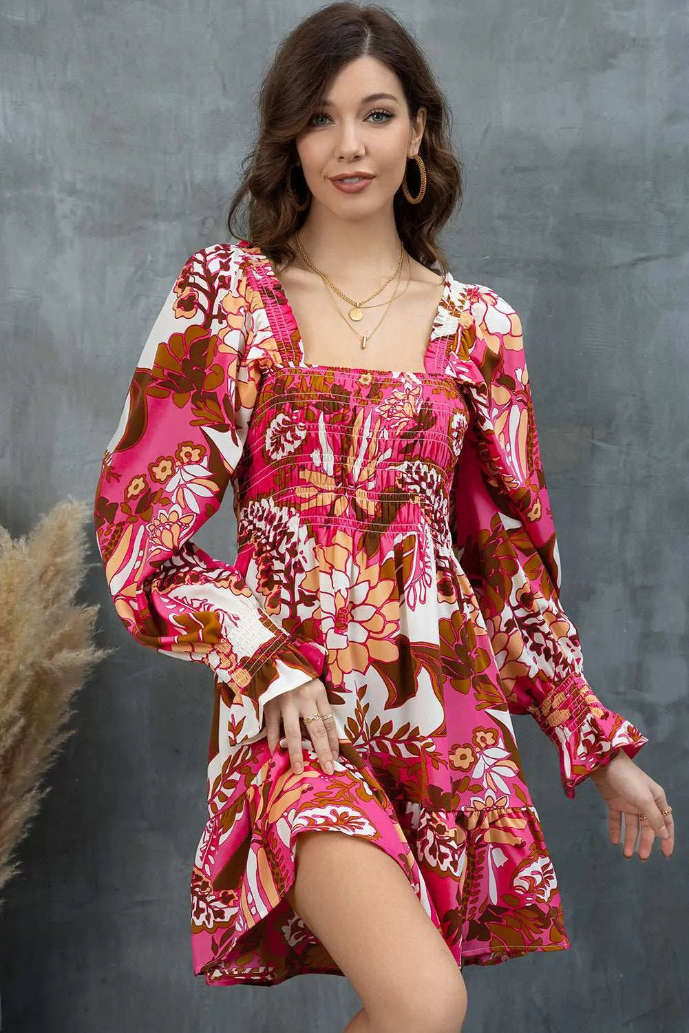 Floral Square Neck Flounce Sleeve Dress - Codrington Expressions 