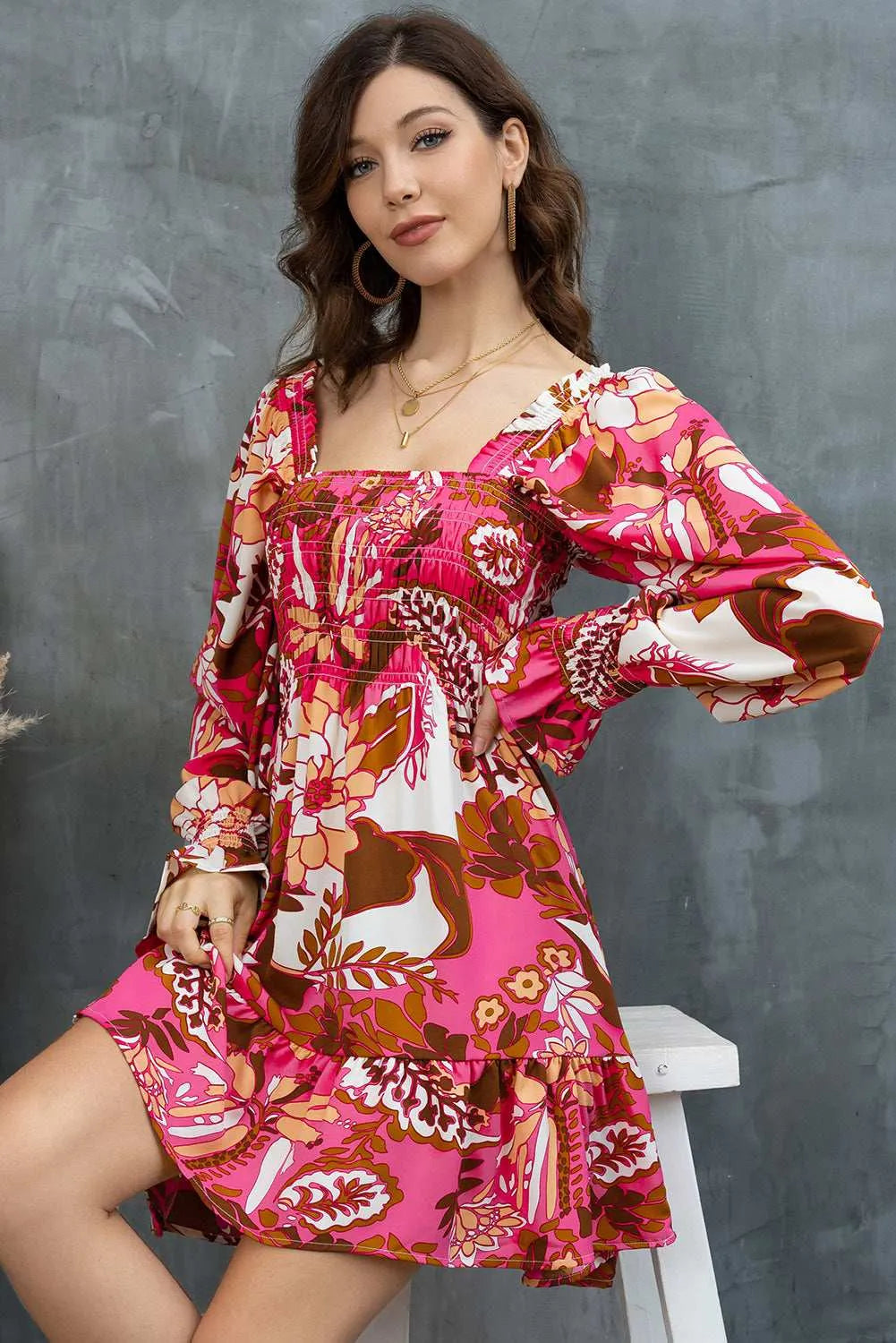 Floral Square Neck Flounce Sleeve Dress - Codrington Expressions 