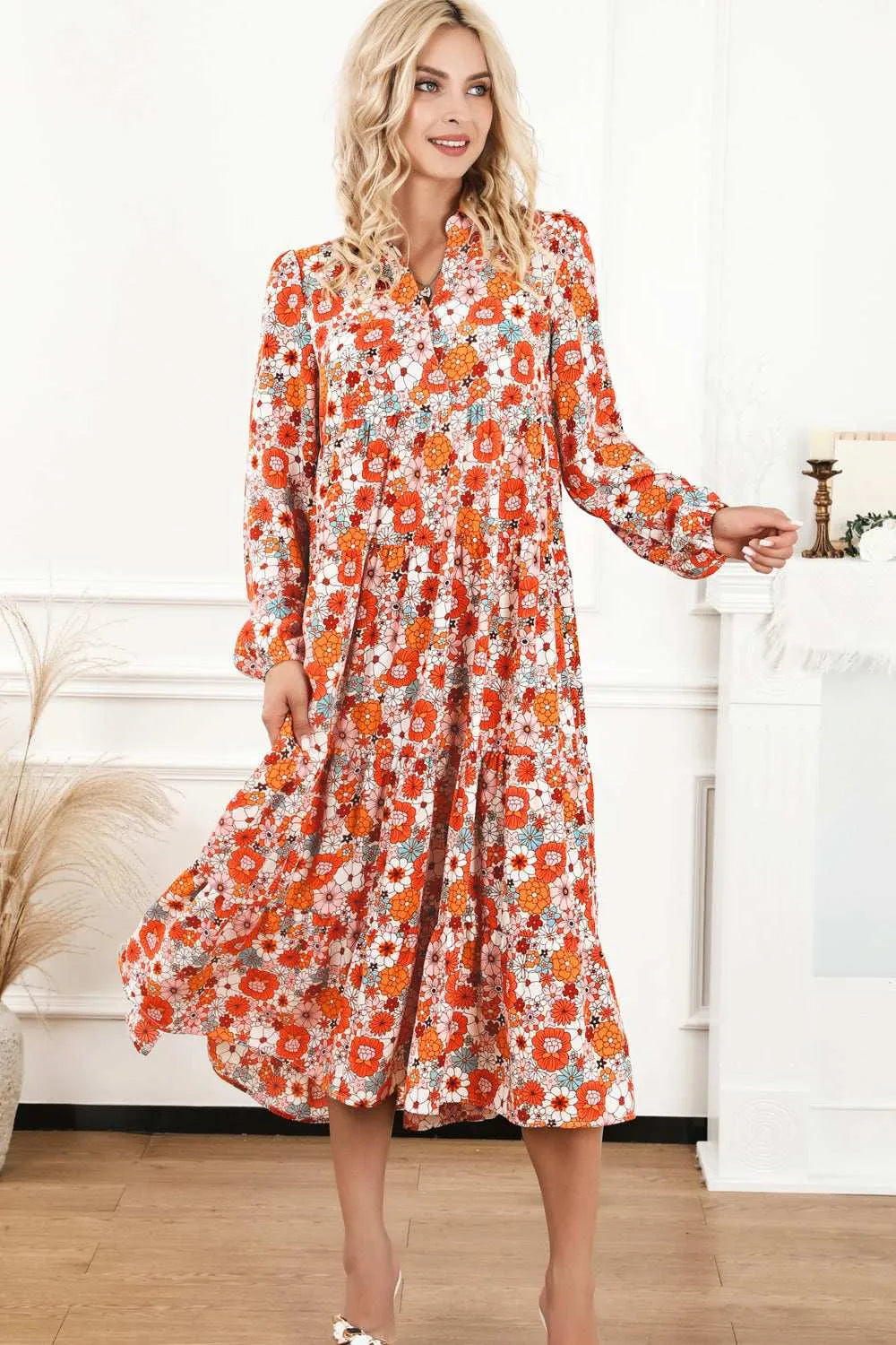 Floral Notched Neck Long Sleeve Dress - Codrington Expressions 
