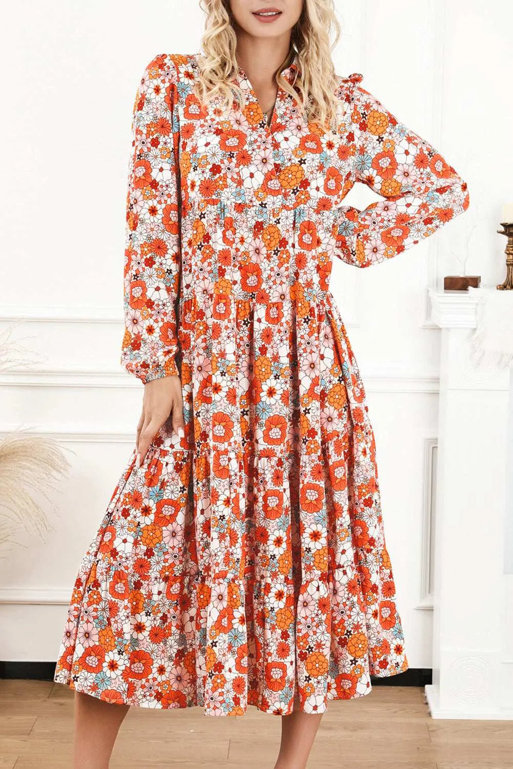 Floral Notched Neck Long Sleeve Dress - Codrington Expressions 