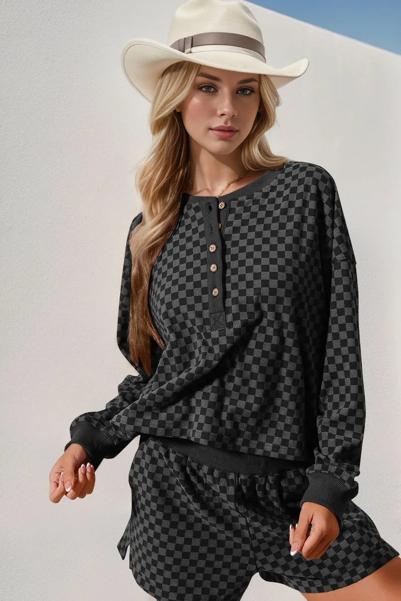 Double Take Checkered Half Button Top and Shorts Set - Codrington Expressions 