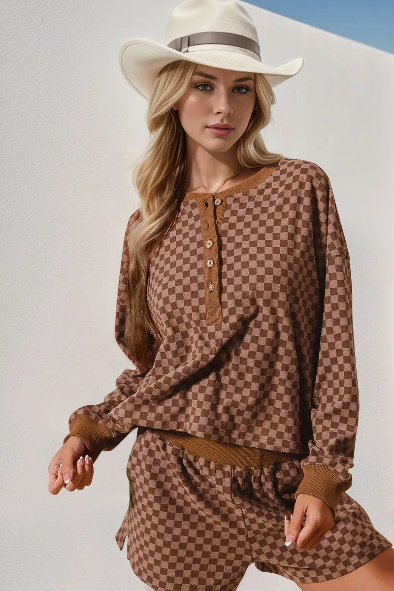 Double Take Checkered Half Button Top and Shorts Set - Codrington Expressions 