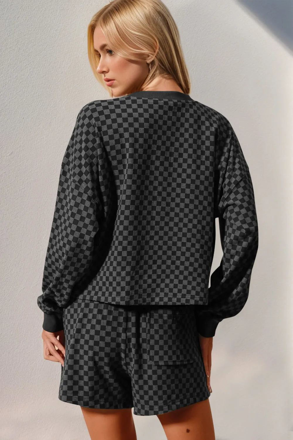 Double Take Checkered Half Button Top and Shorts Set - Codrington Expressions 