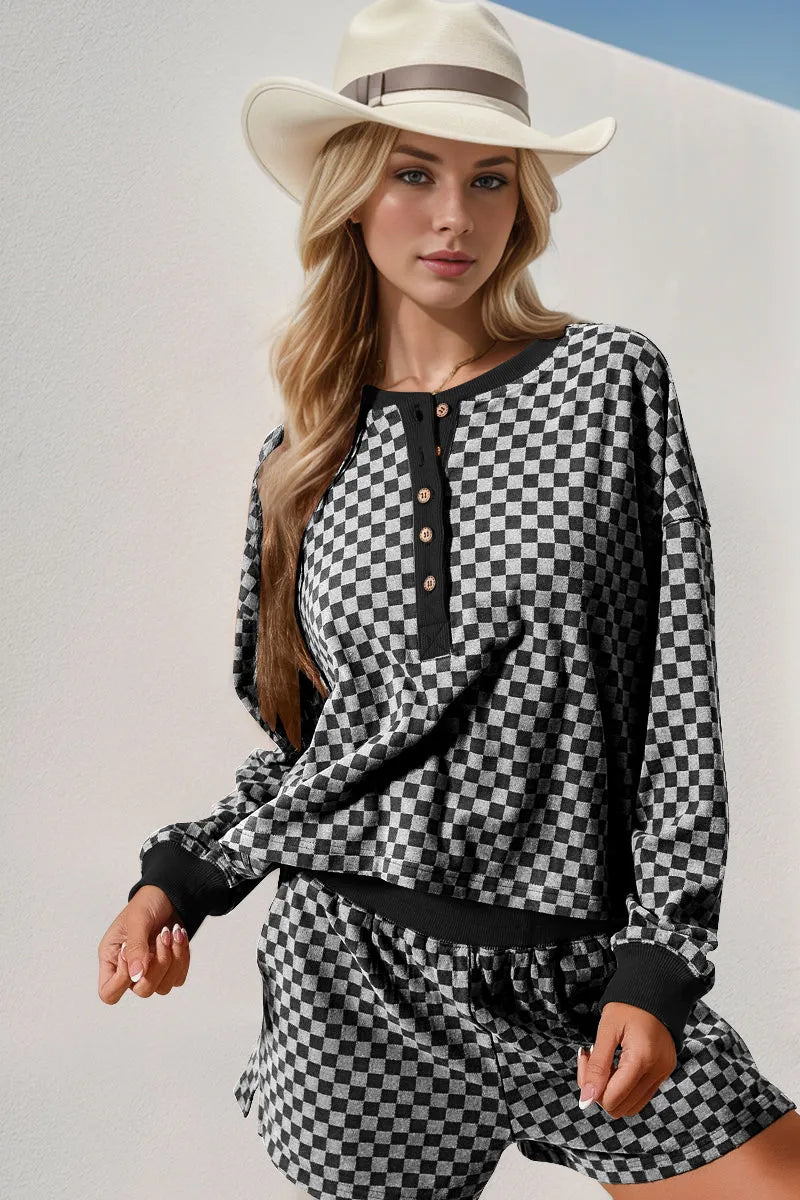 Double Take Checkered Half Button Top and Shorts Set - Codrington Expressions 