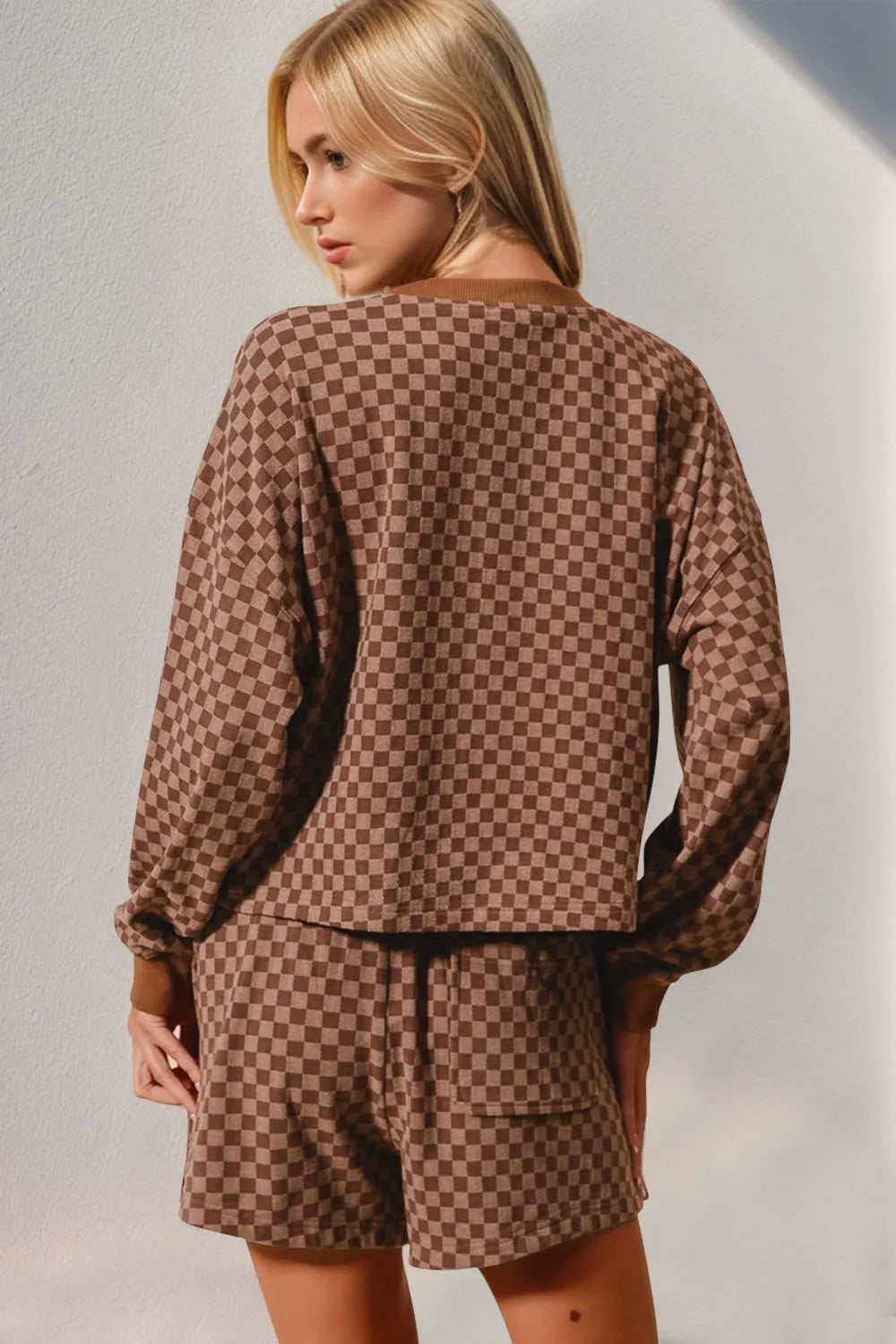 Double Take Checkered Half Button Top and Shorts Set - Codrington Expressions 