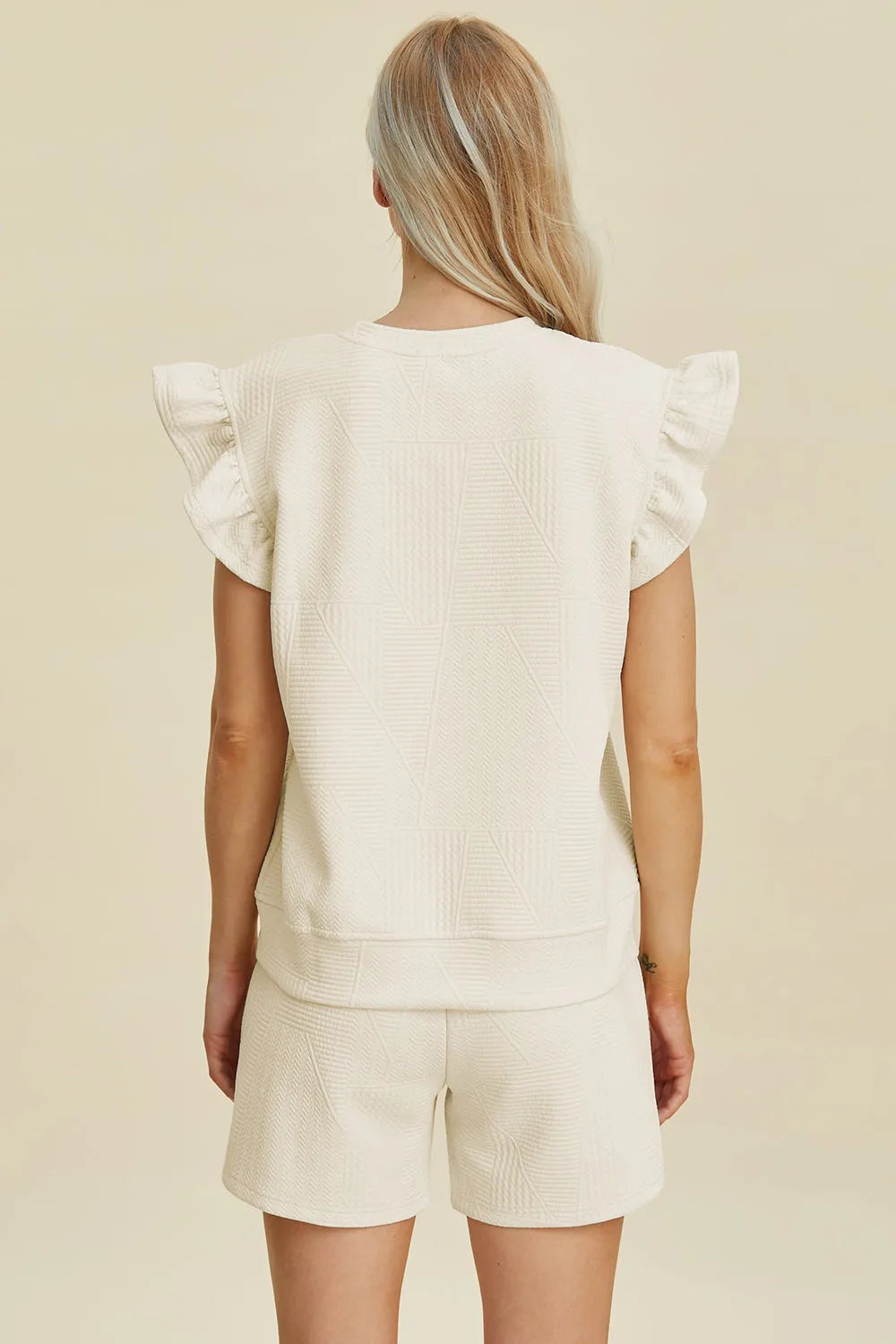 Double Take Full Size Texture Round Neck Ruffle Sleeve Top and Shorts Set - Codrington Expressions 