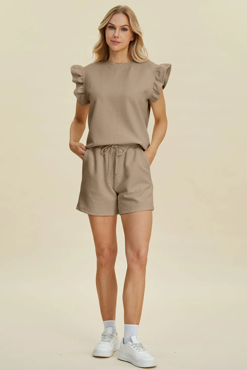 Double Take Full Size Texture Round Neck Ruffle Sleeve Top and Shorts Set - Codrington Expressions 