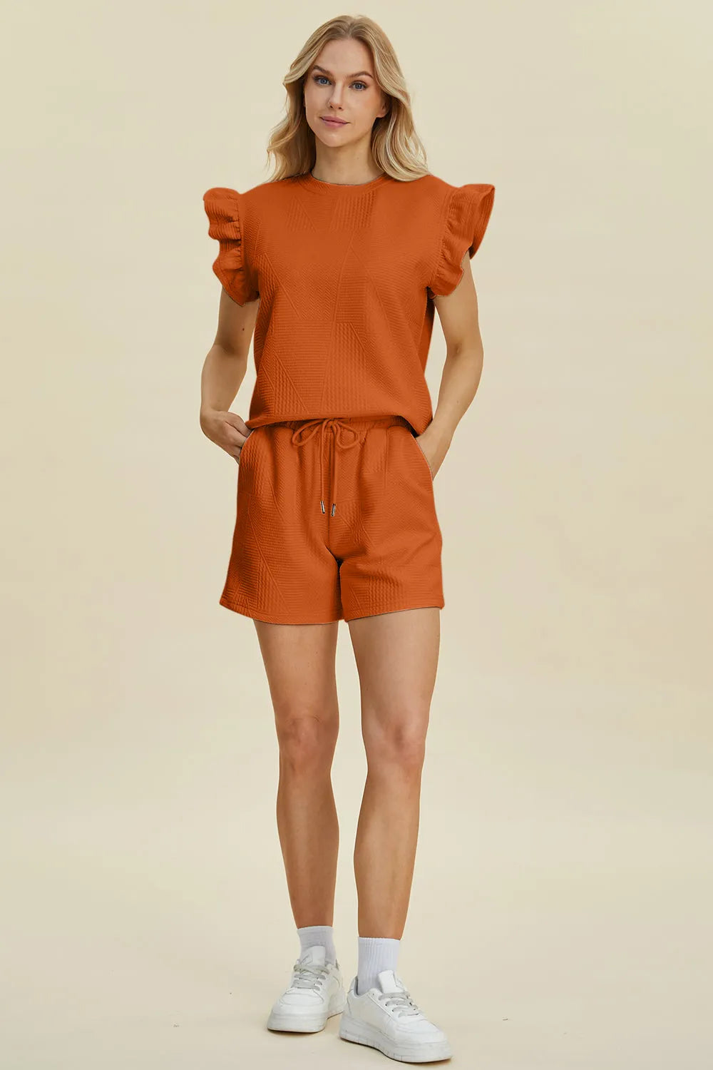Double Take Full Size Texture Round Neck Ruffle Sleeve Top and Shorts Set - Codrington Expressions 