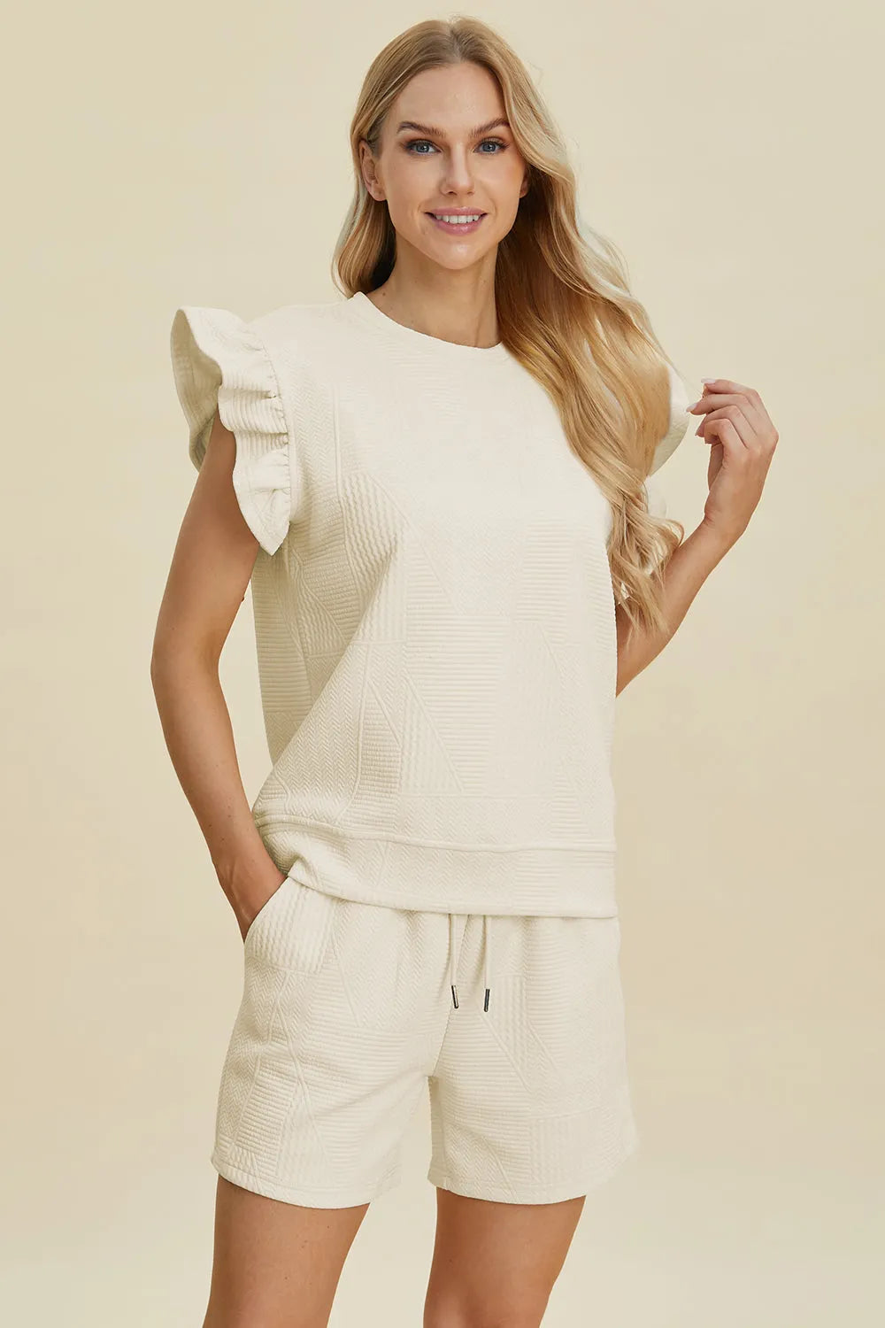Double Take Full Size Texture Round Neck Ruffle Sleeve Top and Shorts Set - Codrington Expressions 