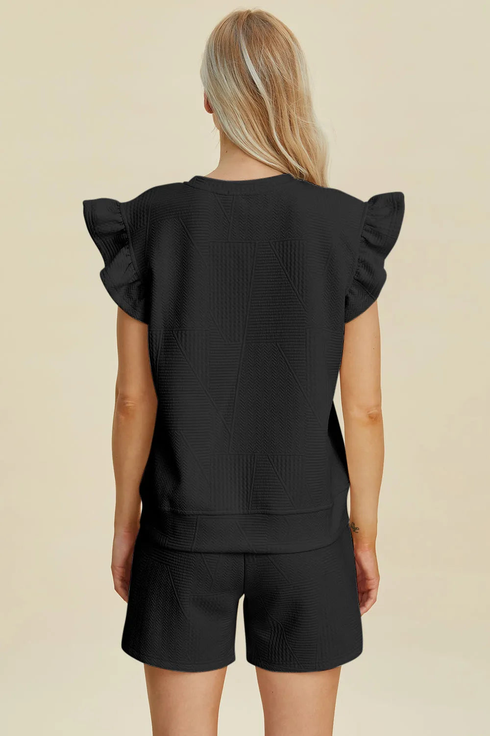 Double Take Full Size Texture Round Neck Ruffle Sleeve Top and Shorts Set - Codrington Expressions 