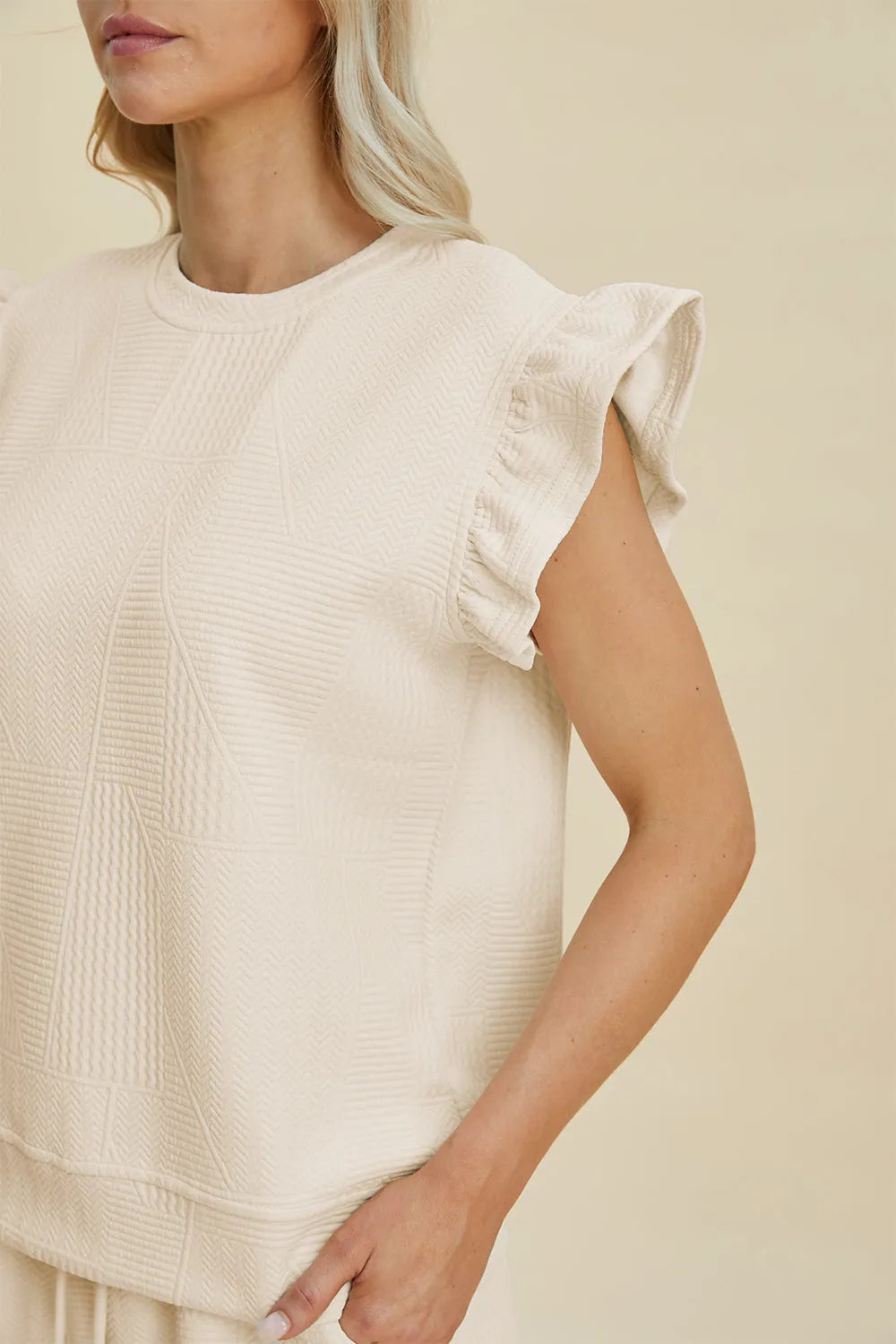Double Take Full Size Texture Round Neck Ruffle Sleeve Top and Shorts Set - Codrington Expressions 