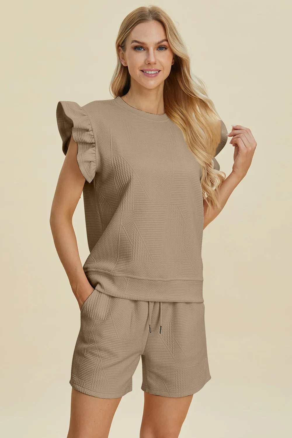 Double Take Full Size Texture Round Neck Ruffle Sleeve Top and Shorts Set - Codrington Expressions 