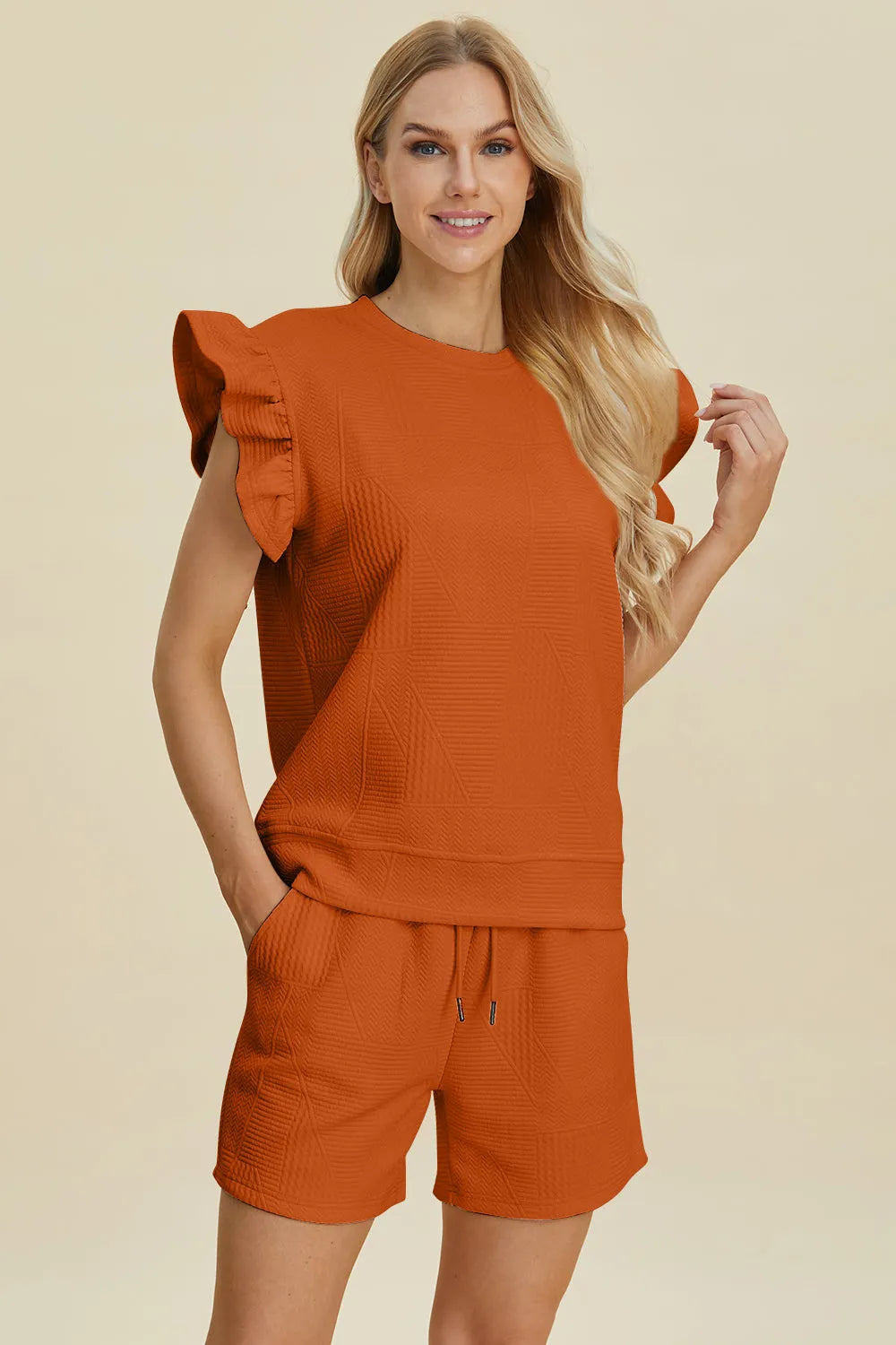 Double Take Full Size Texture Round Neck Ruffle Sleeve Top and Shorts Set - Codrington Expressions 