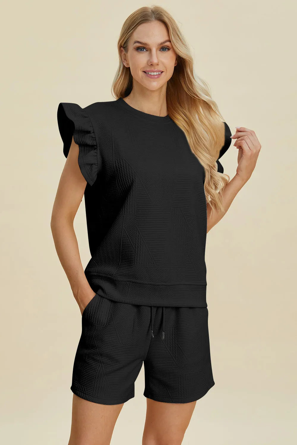 Double Take Full Size Texture Round Neck Ruffle Sleeve Top and Shorts Set - Codrington Expressions 