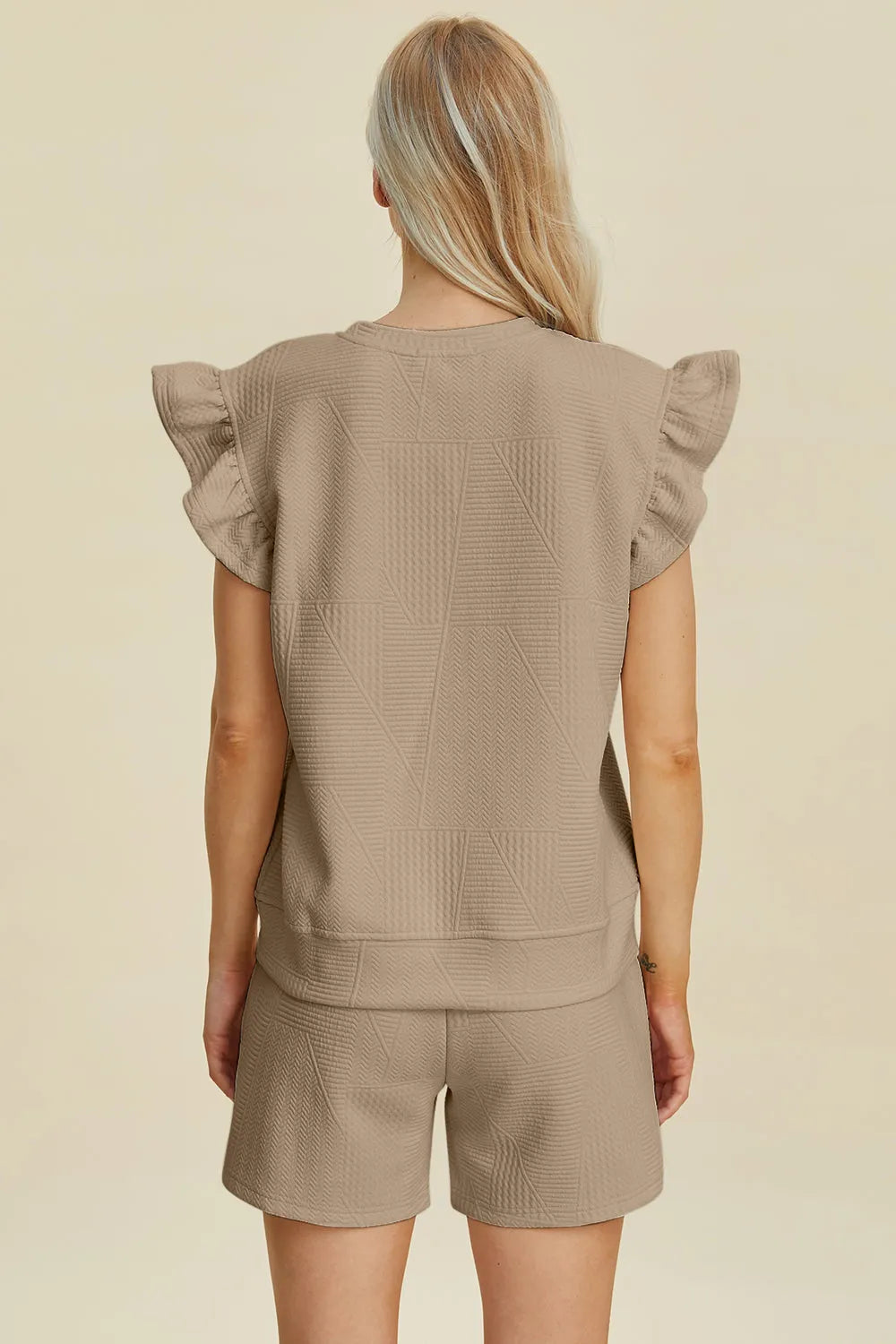 Double Take Full Size Texture Round Neck Ruffle Sleeve Top and Shorts Set - Codrington Expressions 