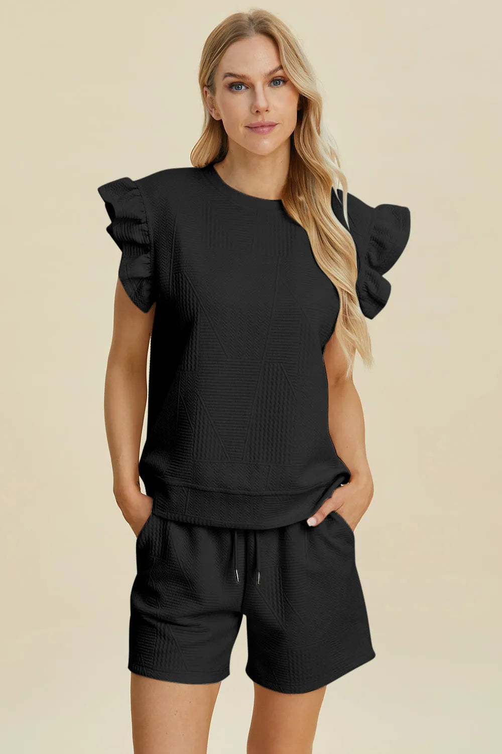 Double Take Full Size Texture Round Neck Ruffle Sleeve Top and Shorts Set - Codrington Expressions 