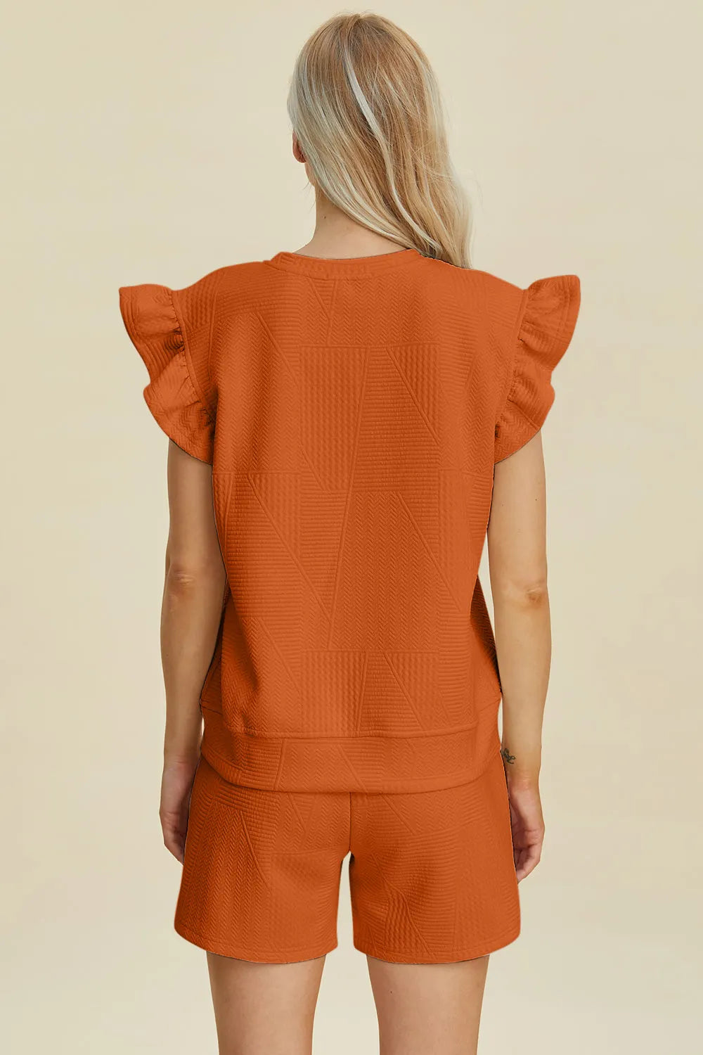 Double Take Full Size Texture Round Neck Ruffle Sleeve Top and Shorts Set - Codrington Expressions 
