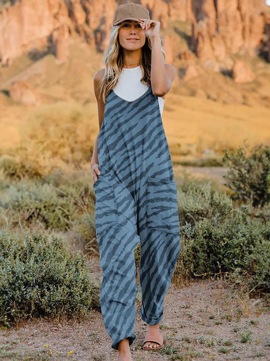 Double Take Full Size Printed V-Neck Sleeveless Jumpsuit - Codrington Expressions 